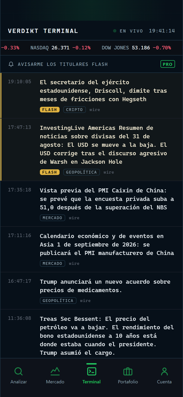 Terminal de Verdikt: titulares del mercado en vivo, traducidos al español, con alertas FLASH de alto impacto